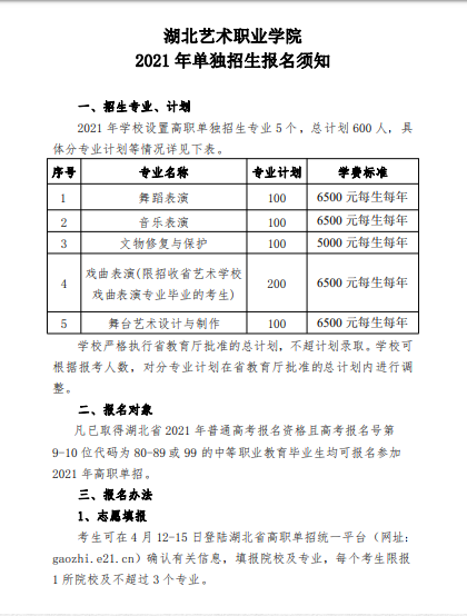 2021年湖北艺术<a href=https://www.9951.cc/xuexiao/ target=_blank class=infotextkey>职业学院</a>单独招生简章